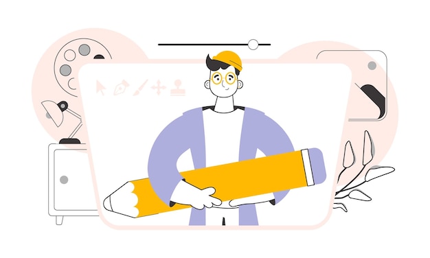 El hombre sostiene un lápiz Estilo de arte lineal Vector