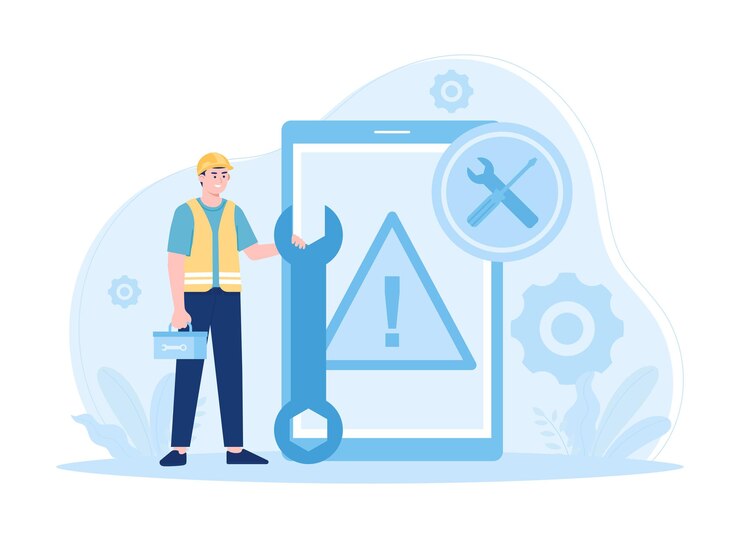 Vector un hombre sostiene una llave inglesa en su mano y una caja de herramientas tendencia concepto ilustración plana