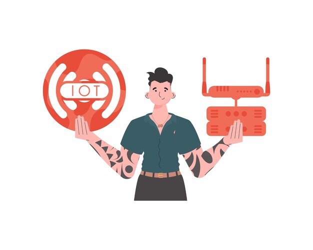 Un hombre sostiene el logotipo de Internet de las cosas en sus manos Enrutador y servidor Concepto de Internet de las cosas Ilustración vectorial aislada en un estilo moderno y plano