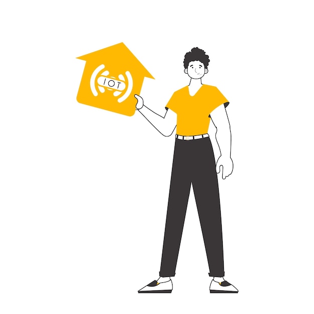 Un hombre sostiene el logotipo de Internet de las cosas en sus manos Estilo de línea de tendencia aislado sobre fondo blanco Vector