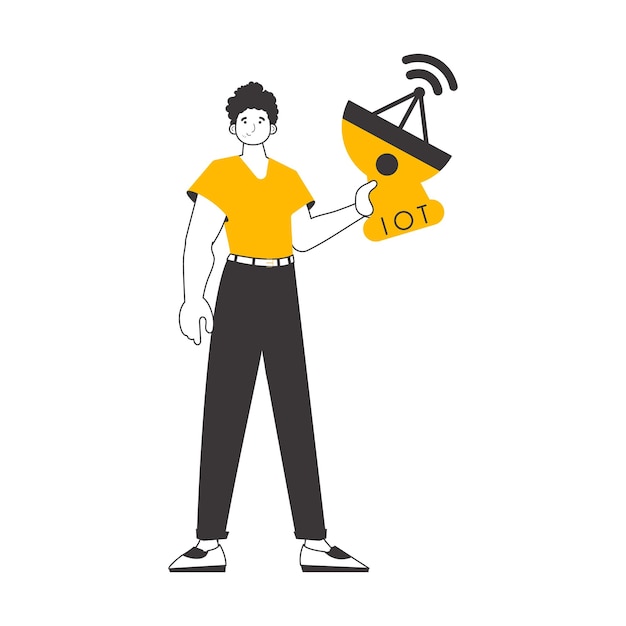 Un hombre sostiene el logotipo de Internet de las cosas en sus manos Estilo moderno lineal aislado en fondo blanco Ilustración vectorial