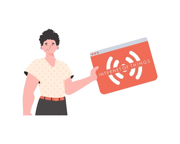 Un hombre sostiene un logotipo de IoT en sus manos Concepto de Internet de las cosas Ilustración vectorial aislada en estilo plano