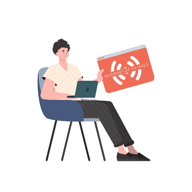 Un hombre sostiene un logotipo de IoT en sus manos Concepto de IoT Estilo plano de moda aislado Ilustración vectorial