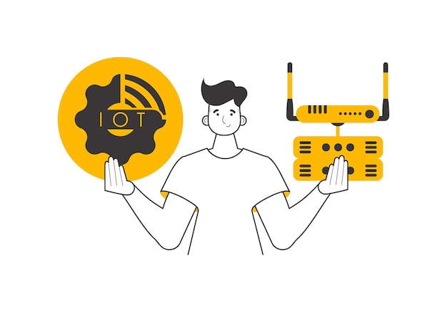 Un hombre sostiene el logotipo de IOT en sus manos Estilo lineal aislado sobre fondo blanco Ilustración vectorial