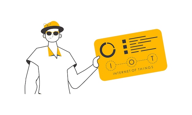 Un hombre sostiene el logotipo de IOT en sus manos Estilo lineal aislado sobre fondo blanco Vector