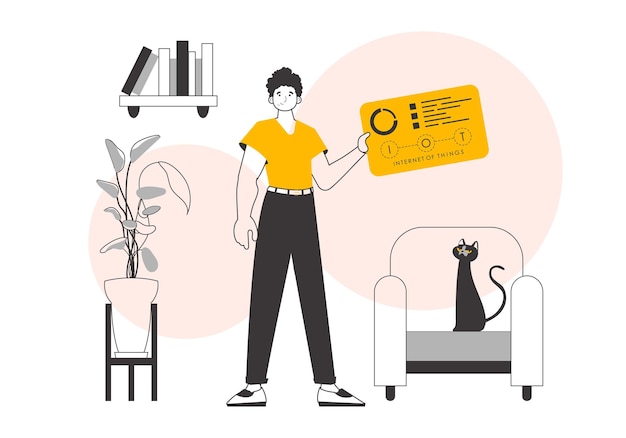 Un hombre sostiene el logotipo de IOT en sus manos Estilo lineal de moda Ilustración vectorial