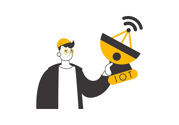 Un hombre sostiene el logotipo de IOT en sus manos Estilo de moda lineal aislado sobre fondo blanco Vector