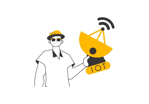 Un hombre sostiene el logotipo de IOT en sus manos Vector aislado de estilo moderno lineal