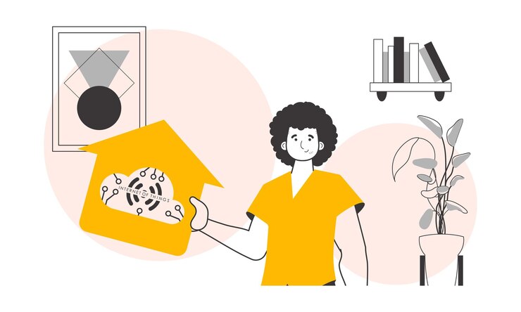 Vector un hombre sostiene el logotipo de iot en sus manos vector de estilo lineal de moda