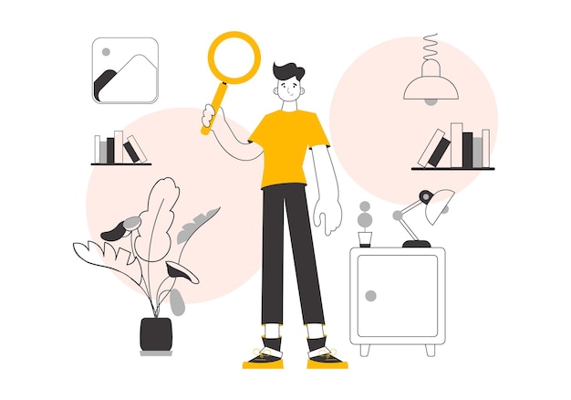 Un hombre sostiene una lupa en sus manos Concepto de búsqueda Estilo de moda lineal Vector