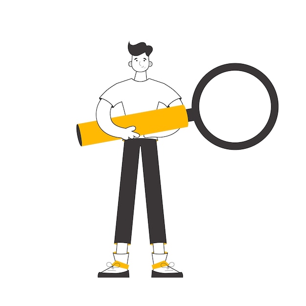 Un hombre sostiene una lupa en sus manos Ilustración vectorial aislada de estilo lineal de moda