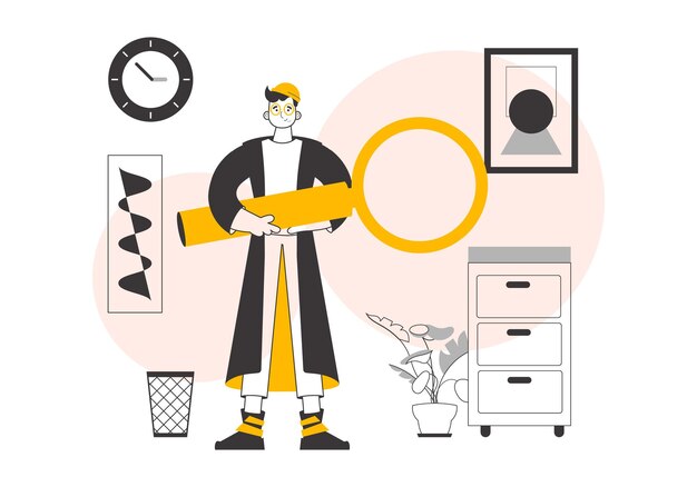 Un hombre sostiene una lupa en sus manos Ilustración vectorial de estilo lineal minimalista