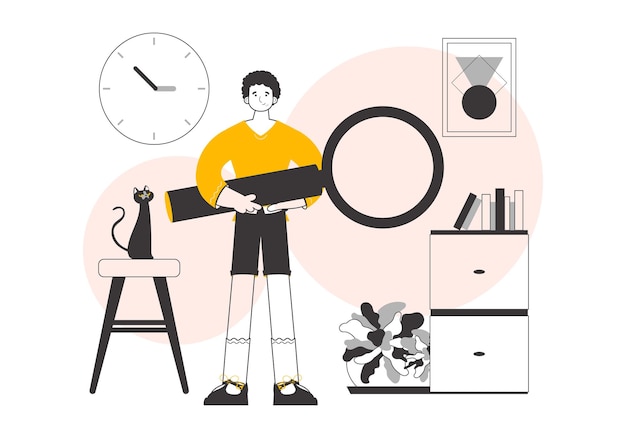 Un hombre sostiene una lupa en sus manos Ilustración vectorial de estilo lineal moderno