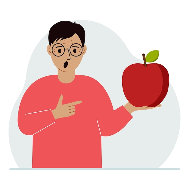 Vector un hombre sostiene una manzana fresca y roja en la mano el hombre come una manzana concepto de comida saludable