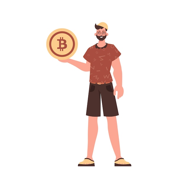 Un hombre sostiene una moneda de bitcoin en sus manos Un personaje en un estilo moderno y de moda