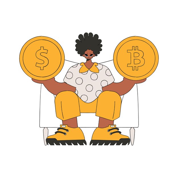 Un hombre sostiene una moneda de dólar y bitcoin en sus manos Estilo de moda de carácter
