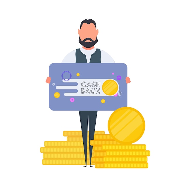 Un hombre sostiene una pancarta con la inscripción cashback. El chico de la mesa. El concepto de ahorrar dinero y devolución de dinero. Aislado. Vector.