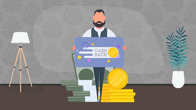 Un hombre sostiene una pancarta con la inscripción cashback. El chico de la mesa. El concepto de ahorrar dinero y devolución de dinero. Vector.