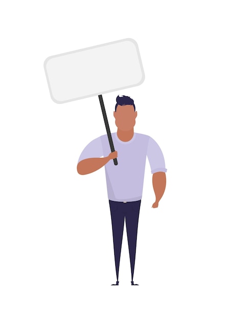 Un hombre sostiene una pancarta vacía en sus manos Con espacio para su texto Concepto de manifestación o protesta Ilustración de vector de estilo de dibujos animados