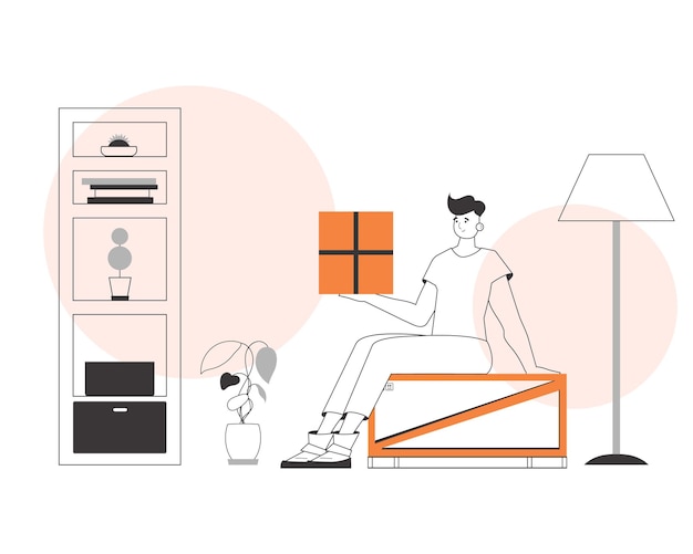 El hombre sostiene un paquete Concepto de entrega de paquetes Estilo moderno lineal