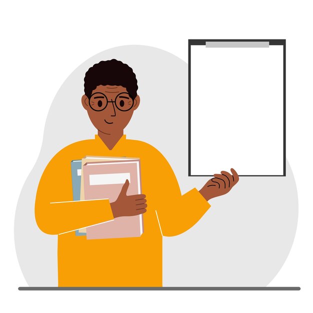 Un hombre sostiene una pila de libros en una mano, un portapapeles en el otro espacio para texto Educación del conocimiento enseñanza lista de lectura de mejora personal