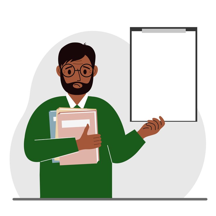 Vector un hombre sostiene una pila de libros en una mano, un portapapeles en el otro espacio para texto educación del conocimiento enseñanza lista de lectura de mejora personal