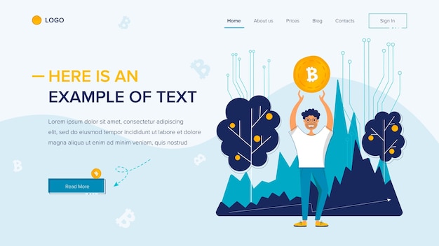 Hombre sostiene una plantilla de sitio web de bitcoin en un fondo blanco