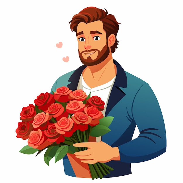 Vector un hombre sostiene un ramo de rosas rojas está sonriendo y mirando a la cámara