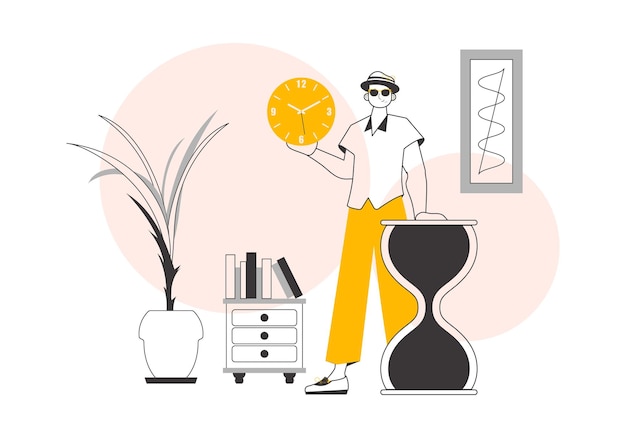 El hombre sostiene un reloj Concepto de gestión del tiempo Ilustración de vector lineal