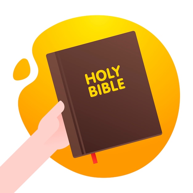 Vector el hombre sostiene la santa biblia en su mano, biblia de la fundación vida en el fondo de forma abstracta naranja. .