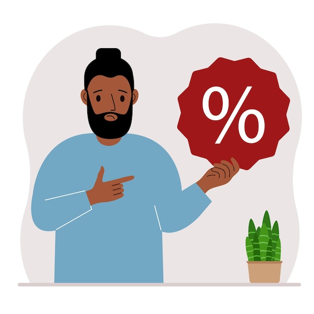 Un hombre sostiene un signo de porcentaje en su mano el concepto de porcentaje de descuento promoción tasa de interés porcentaje de descuento en compras