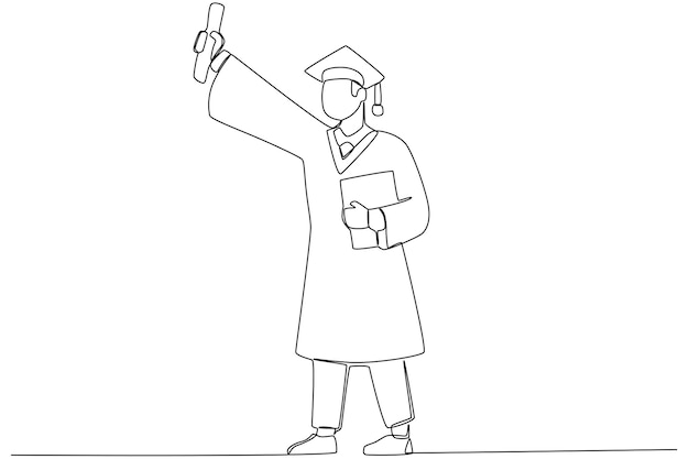 Un hombre sostiene su certificado de reconocimiento Dibujo de una línea de graduación