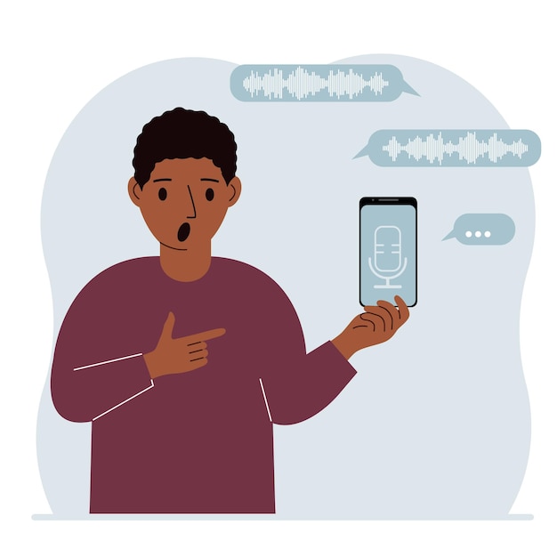 Un hombre sostiene un teléfono inteligente usando una aplicación de asistente de voz Concepto de reconocimiento de voz Aplicaciones de altavoces inteligentes Controlador de oficina Llamadas telefónicas manos libres Software de comando de voz