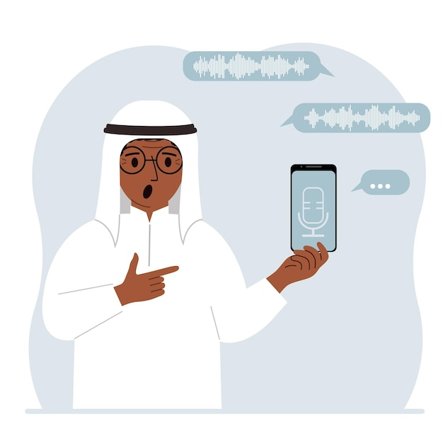 Un hombre sostiene un teléfono inteligente usando una aplicación de asistente de voz Concepto de reconocimiento de voz Aplicaciones de altavoces inteligentes Controlador de oficina Llamadas telefónicas manos libres Software de comando de voz