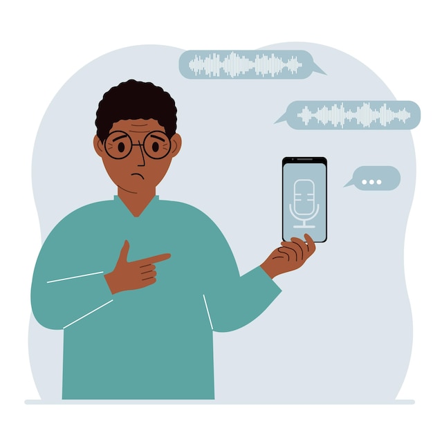 Un hombre sostiene un teléfono inteligente usando una aplicación de asistente de voz Concepto de reconocimiento de voz Aplicaciones de altavoces inteligentes Controlador de oficina Llamadas telefónicas manos libres Software de comando de voz