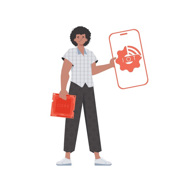 Un hombre sostiene un teléfono con el logotipo de IoT en sus manos Internet de las cosas y el concepto de automatización Ilustración vectorial en estilo moderno y plano