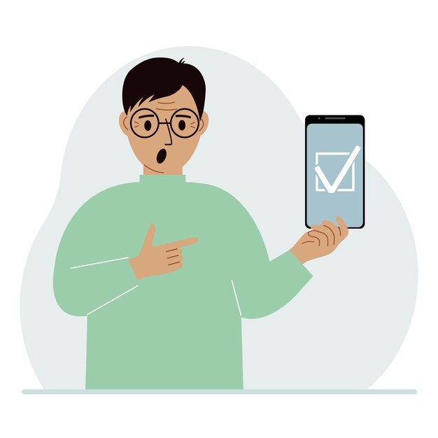 Un hombre sostiene un teléfono con una marca de verificación en la pantalla El concepto de elección de voto o defensa