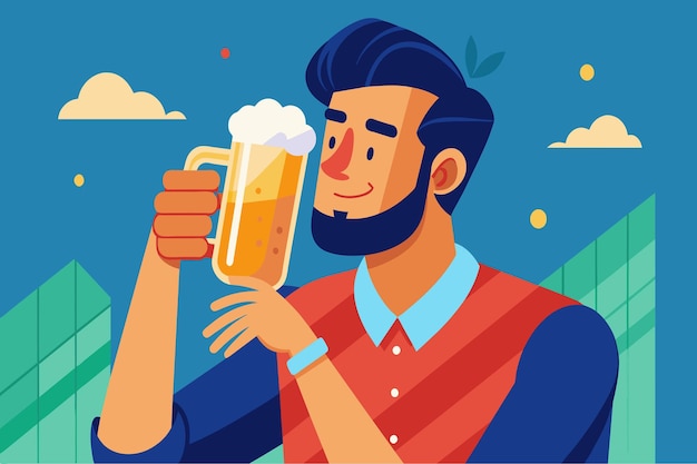Vector un hombre sostiene un vaso de cerveza y sonríe
