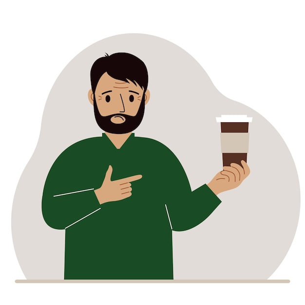 Vector un hombre sostiene un vaso de papel con café.