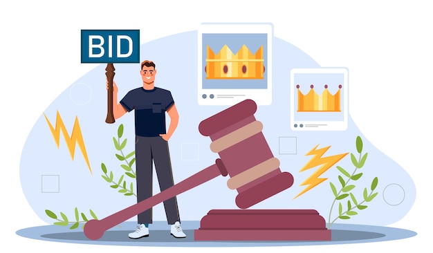 Hombre con subasta Joven hace oferta de oferta Comercio y acuerdos y acuerdos financieros Comercio de NFT intercambio de criptomonedas Ilustración de vector plano de dibujos animados