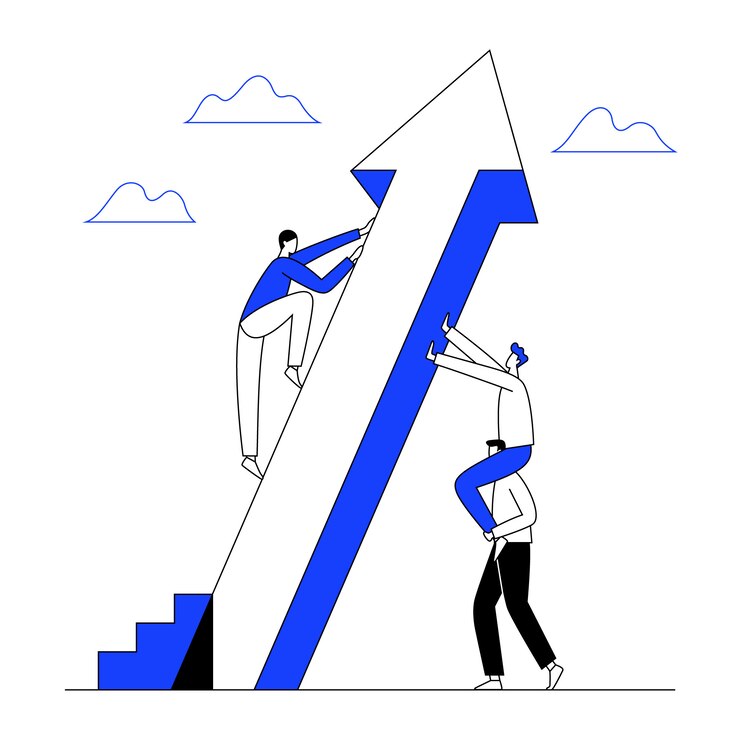 Vector el hombre sube la flecha ascendente con ayuda del trabajo en equipo para el éxito. crecimiento empresarial, concepto de progreso. línea con trazo editable.