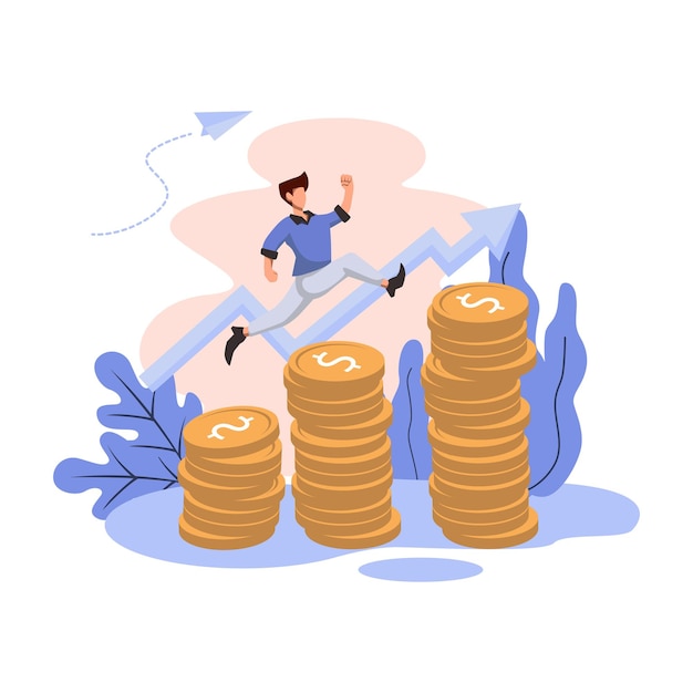 Hombre sube gráfico de monedas gestión de inversiones estilo plano ilustración vector diseño