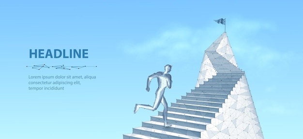 El hombre subiendo las escaleras de la carrera tecnológica digital paso al éxito crecimiento del negocio