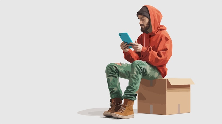 Vector un hombre con una sudadera roja está sentado en una caja con un libro en la mano