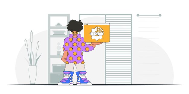 Hombre en el suelo sosteniendo un logotipo de IoT vectorizado en un diseño moderno
