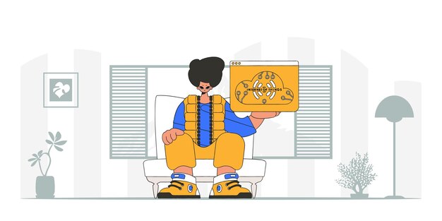 El hombre en el suelo sostiene el logotipo de "Internet de las cosas", un estilo de carácter moderno representado en vector.