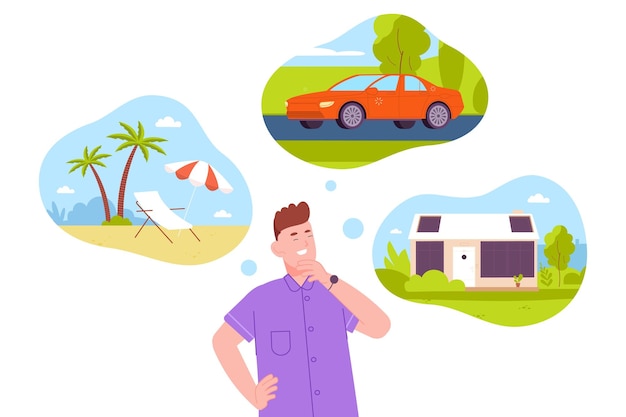 El hombre sueña con el futuro el tipo soñador piensa en viajar casa y coche planea una mejor vida concepto de sueño de burbuja inversión dinero ahorrar para vacaciones vacaciones opciones ilustración vectorial