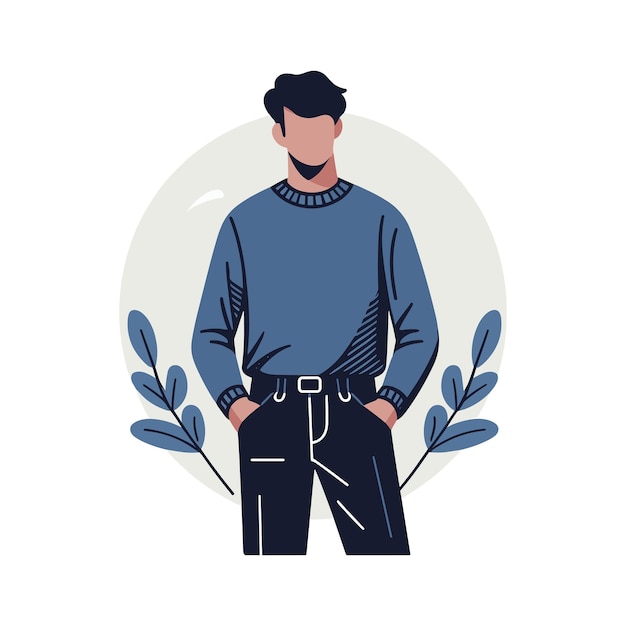 un hombre con un suéter azul y pantalones negros de pie frente a un fondo blanco