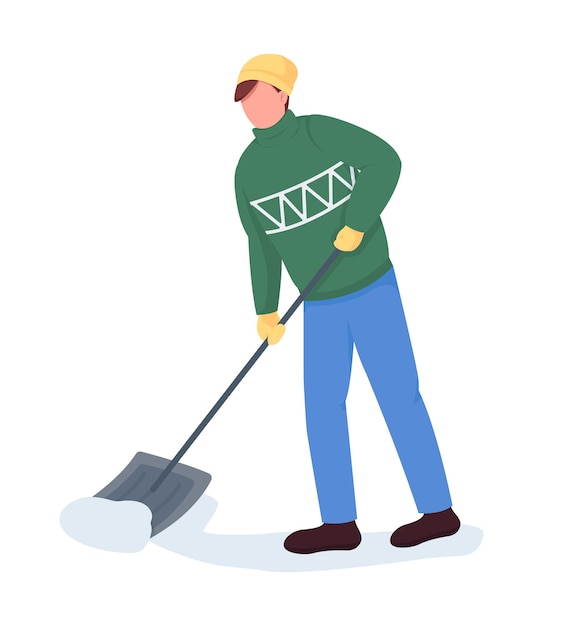 Hombre en suéter limpio nieve carácter vectorial de color semi plano. Figura dinámica. Persona de cuerpo completo en blanco. Ilustración de estilo de dibujos animados moderno aislado de invierno para diseño gráfico y animación