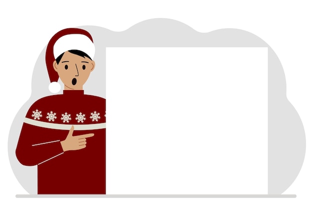 Vector un hombre con un suéter rojo cerca de una gran sábana blanca descuento de invitación publicitaria para navidad